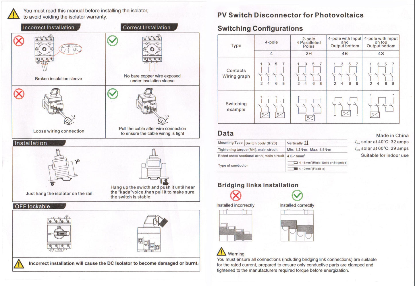 DC lsolator Switch, 32A, 1200V