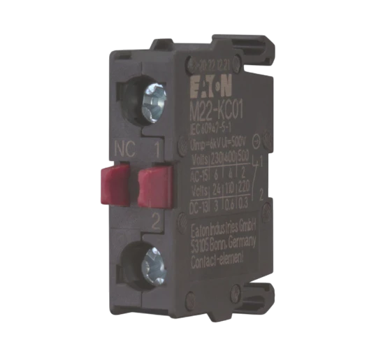 Redispose Eaton M22-KC01 Normally Closed (NC) contact element with screw terminals and red push buttons.