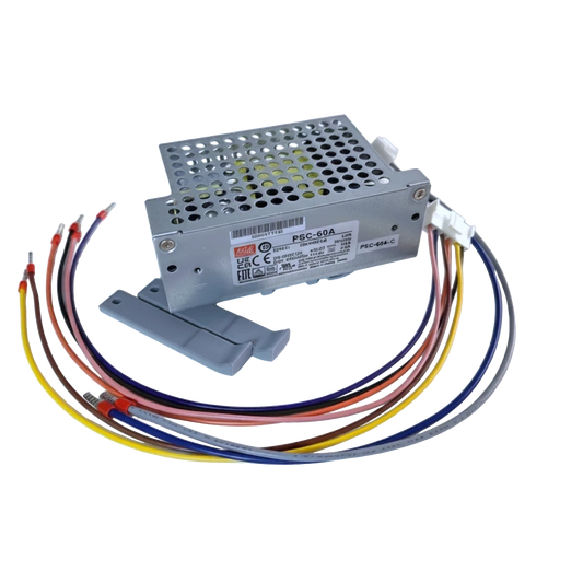 Redispose Meanwell PSC-60A-C 12VDC 2.8A switched power supply unit with UPS function and attached cables, includes DIN rail clip.