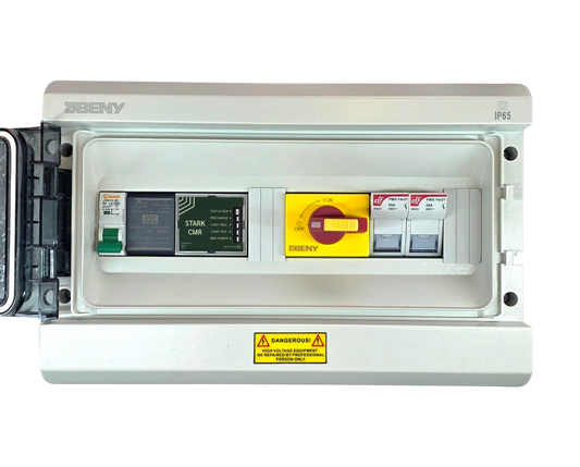 Redispose Stark Box Basic starter kit with Stark CMR unit, DC isolator switch, circuit breaker, and fuses in an IP65 enclosure.
