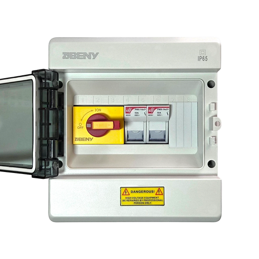 Redispose Stark Box Mini DIY kit with IP65 enclosure, DC isolator switch, and two DC 600V ceramic fuses.
