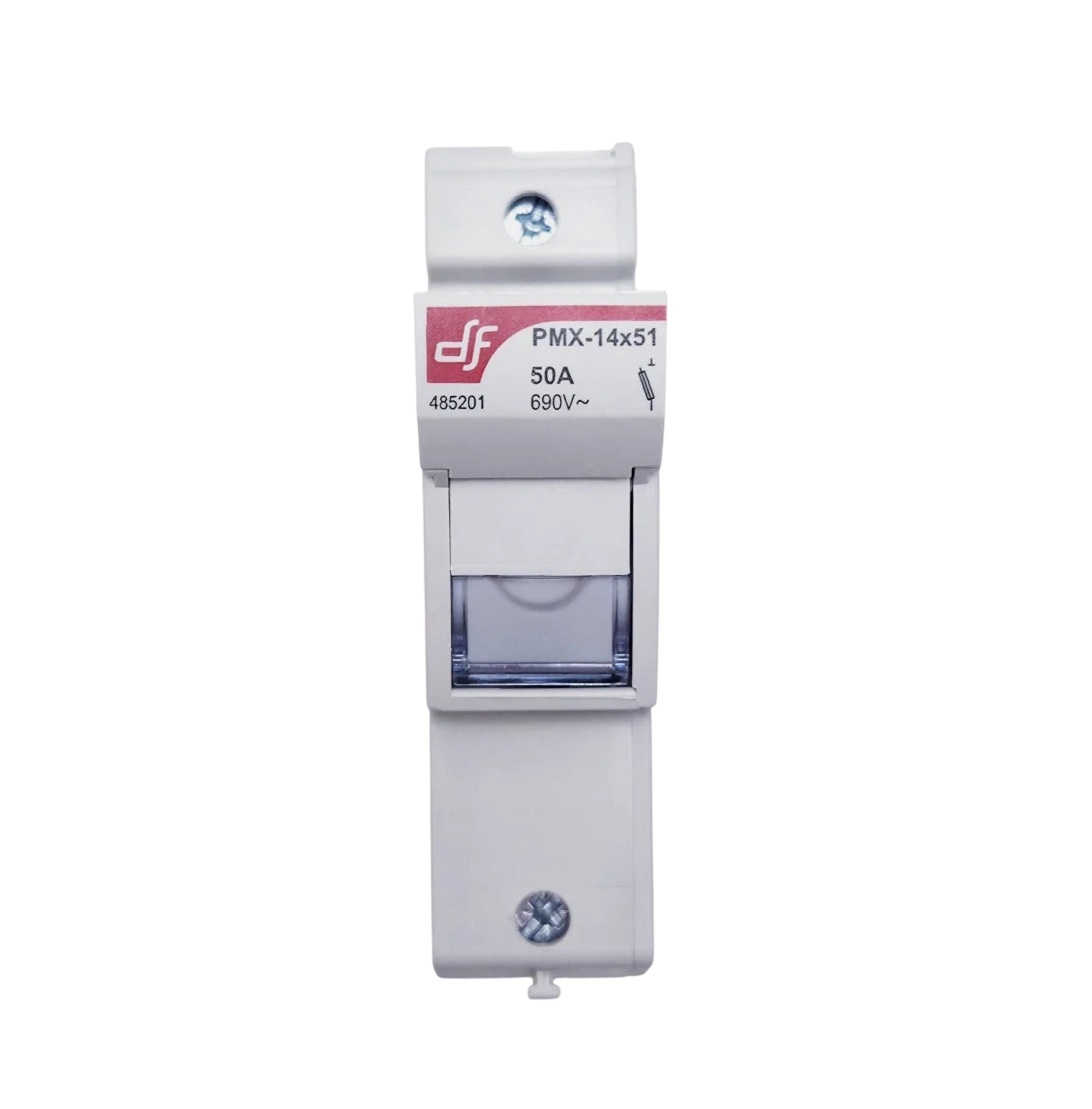 DF Electric 14x51mm white plastic DIN-rail fuse holder, 50A, 690V DC, with clear fuse indicator window.