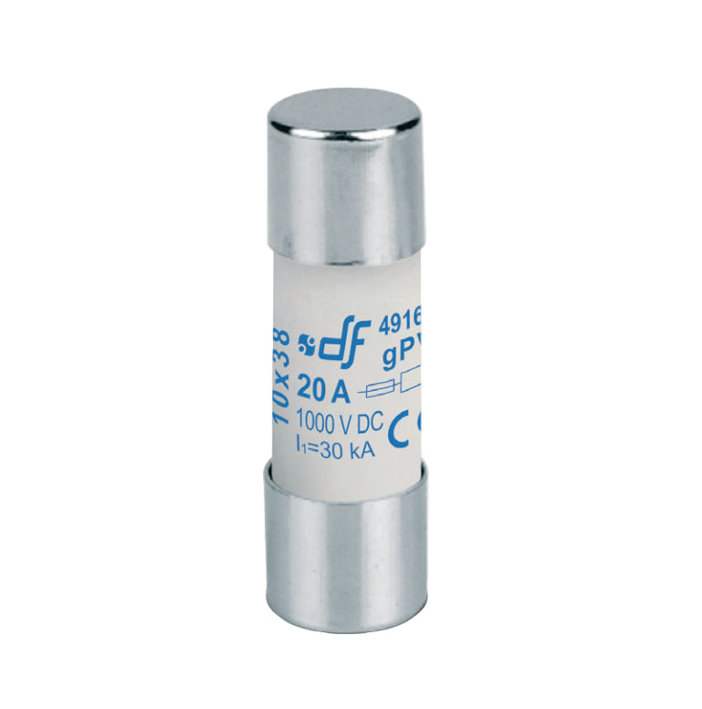 Metallic cylindrical fuse with branding on a white background