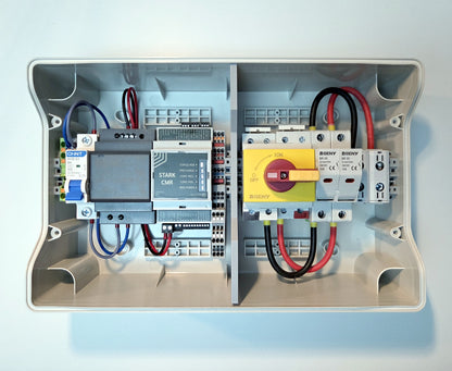 Electrical panel with wiring and components on a light blue background