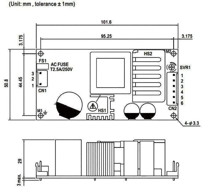 Redispose switched power supply unit schematic, 12VDC 2.8A, with UPS function, showing dimensions and component labels like AC FUSE, CN1, HS1, HS2, M1, M2, and SVR1.