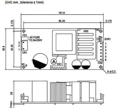 Redispose switched power supply unit schematic, 12VDC 2.8A, with UPS function, showing dimensions and component labels like AC FUSE, CN1, HS1, HS2, M1, M2, and SVR1.