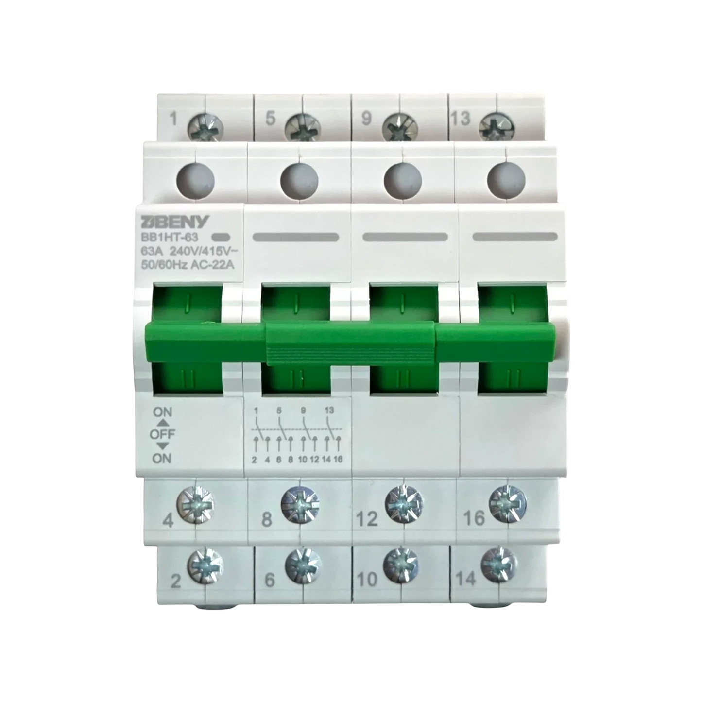 Redispose 4-pole 63A heavy-duty group change-over switch with green manual lever and DIN rail mounting.