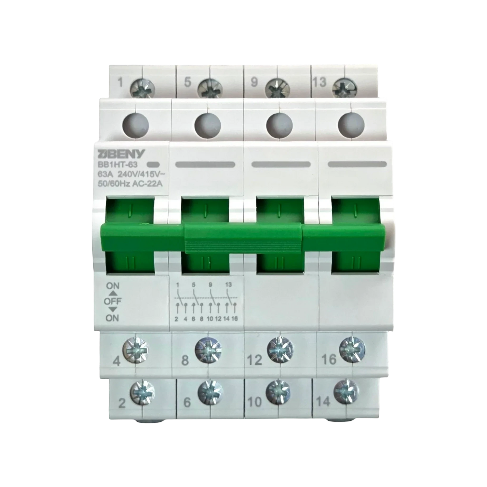 Redispose 4-pole 63A heavy-duty group change-over switch with green manual lever and DIN rail mounting.