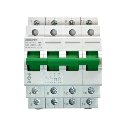 Redispose 4-pole 63A heavy-duty group change-over switch with green manual lever and DIN rail mounting.