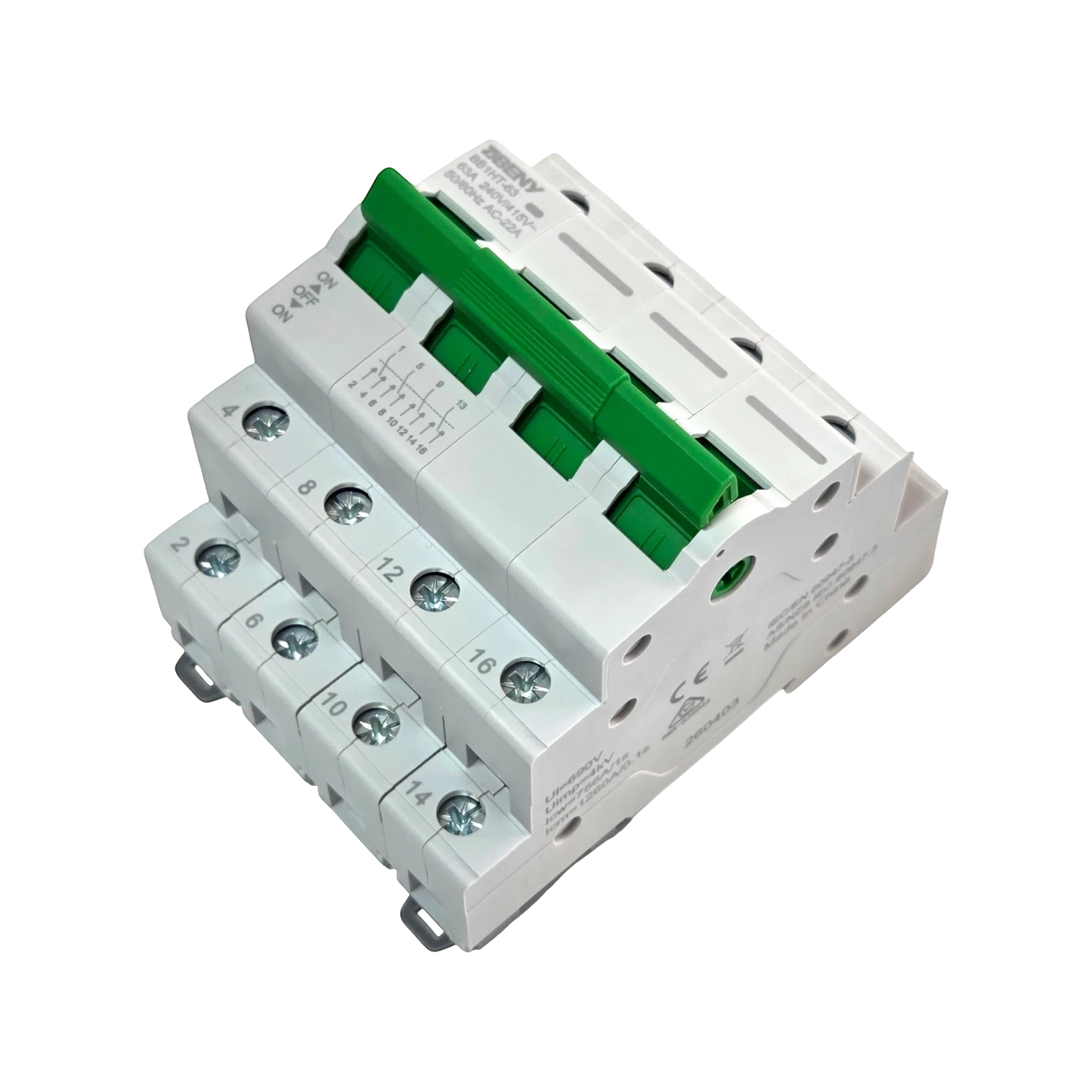 Redispose 4-pole 63A heavy-duty change-over switch with green manual lever and DIN rail mount.
