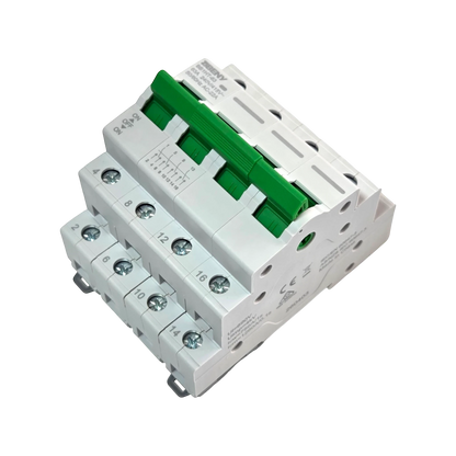 Redispose 4-pole 63A heavy-duty change-over switch with green manual lever and DIN rail mount.