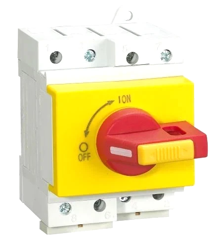 Redispose 32A 1200V DC isolator switch with yellow and red rotary handle, suitable for DIN rail mounting.