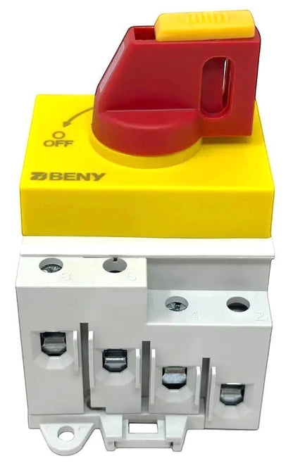 Redispose 32A 1200V DC isolator switch with yellow and red handle, yellow base, and white terminal block.