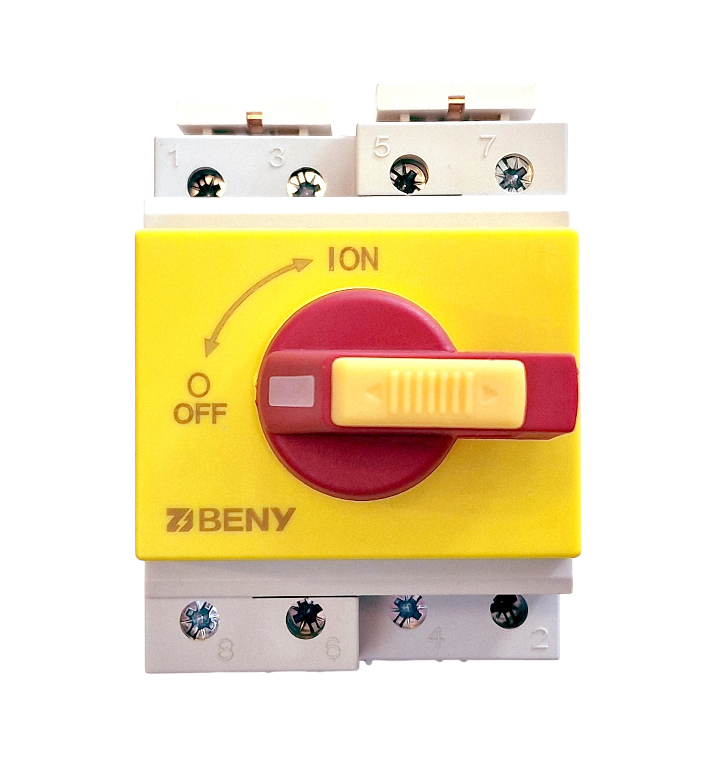 Redispose 32A 1200V DC isolator switch with yellow and red rotary handle, DIN rail mount, ON/OFF markings.
