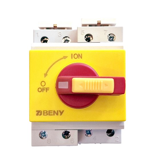 Redispose 32A 1200V DC isolator switch with yellow and red rotary handle, DIN rail mount, ON/OFF markings.