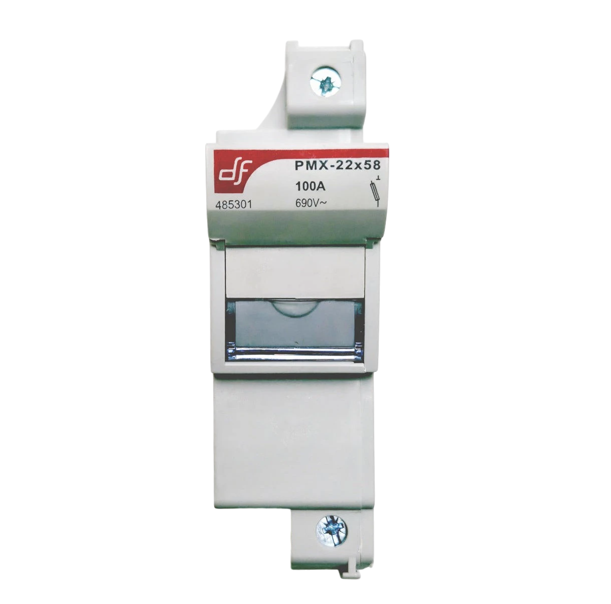 DF Electric 100A, 690V DC fuse holder for 22x58mm fuses, DIN-rail mount, white plastic with silver contacts.