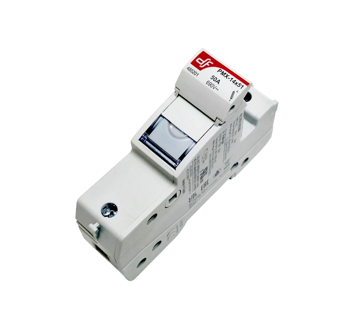 DF Electric 14x51mm white plastic DIN-rail fuse holder, 50A, 690V DC, with clear fuse indicator window.