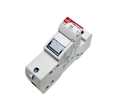 DF Electric 14x51mm white plastic DIN-rail fuse holder, 50A, 690V DC, with clear fuse indicator window.