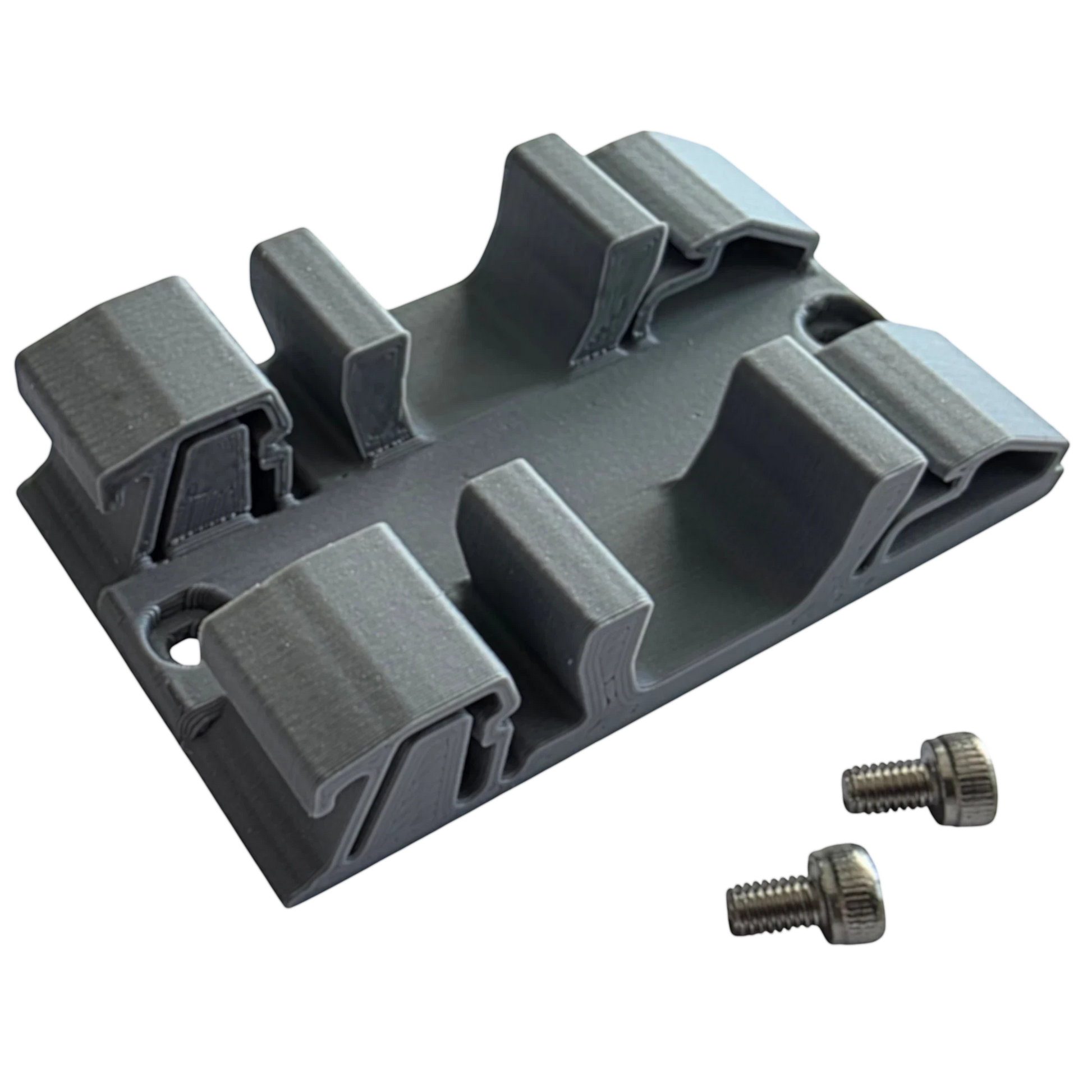 Redispose 3D-printed grey DIN rail clip with two silver screws, designed for Meanwell PSC-60A-C power supply.
