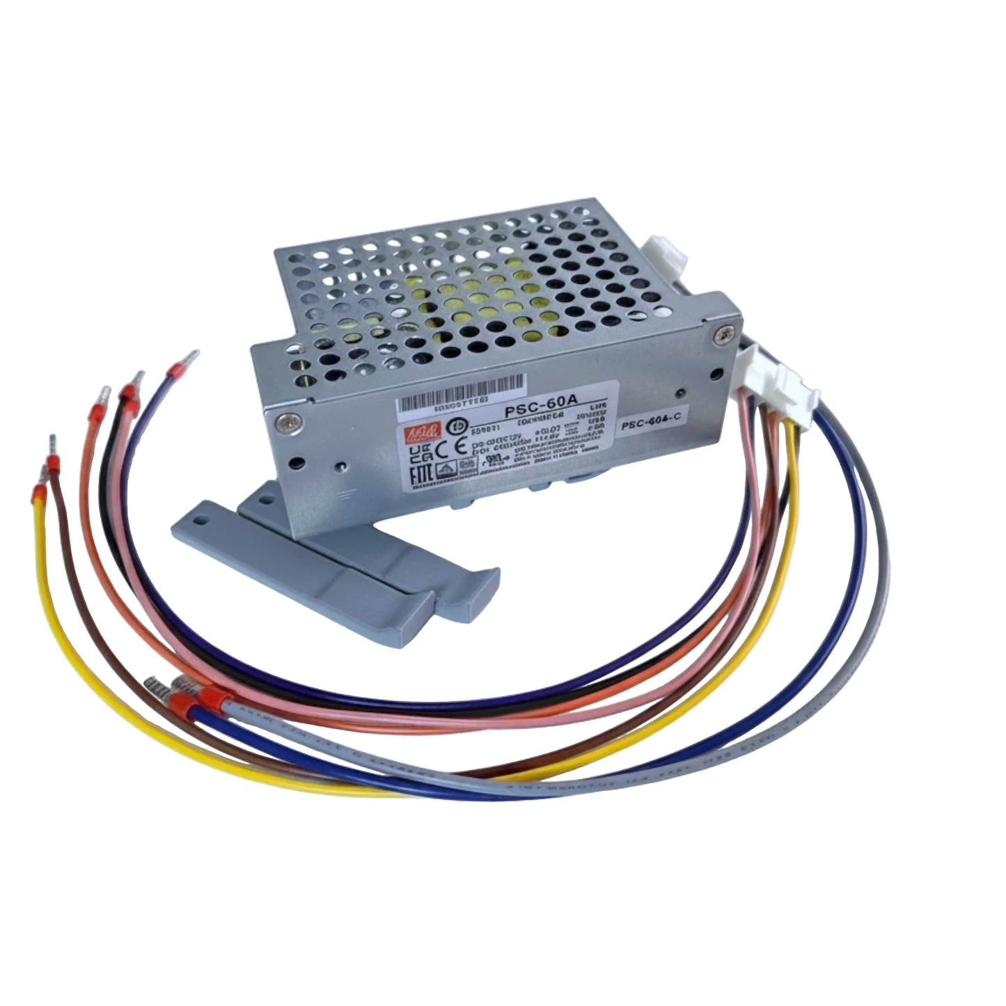 Redispose Meanwell PSC-60A-C 12VDC 2.8A switched power supply unit with UPS function and attached cables, includes DIN rail clip.