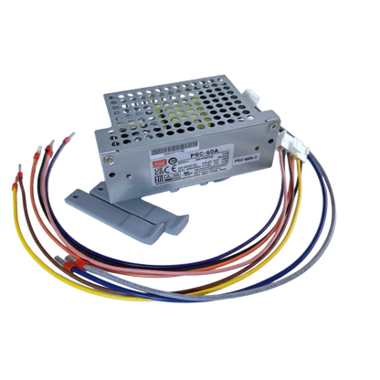 Redispose Meanwell PSC-60A-C 12VDC 2.8A switched power supply unit with UPS function and attached cables, includes DIN rail clip.