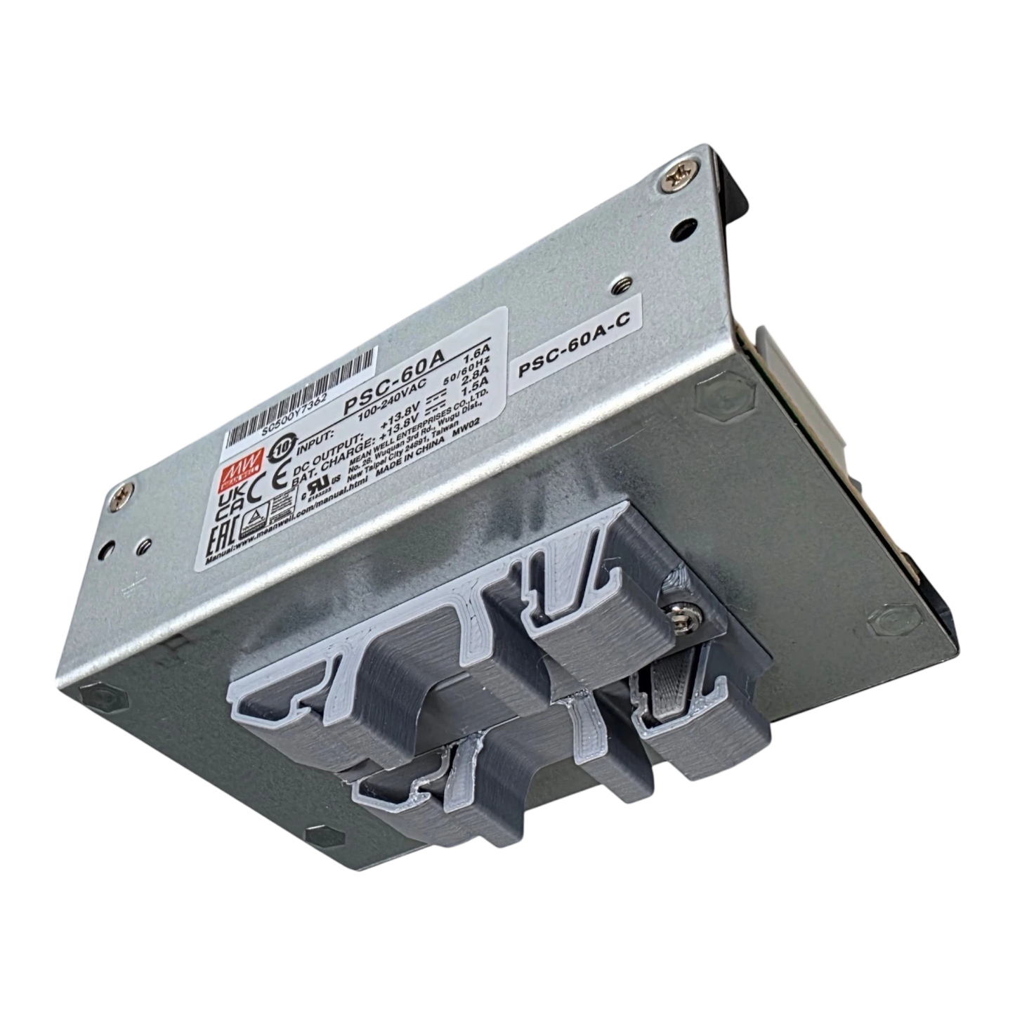 Redispose Meanwell PSC-60A-C 12VDC 2.8A switched power supply unit with UPS function and 3D-printed DIN rail clip.