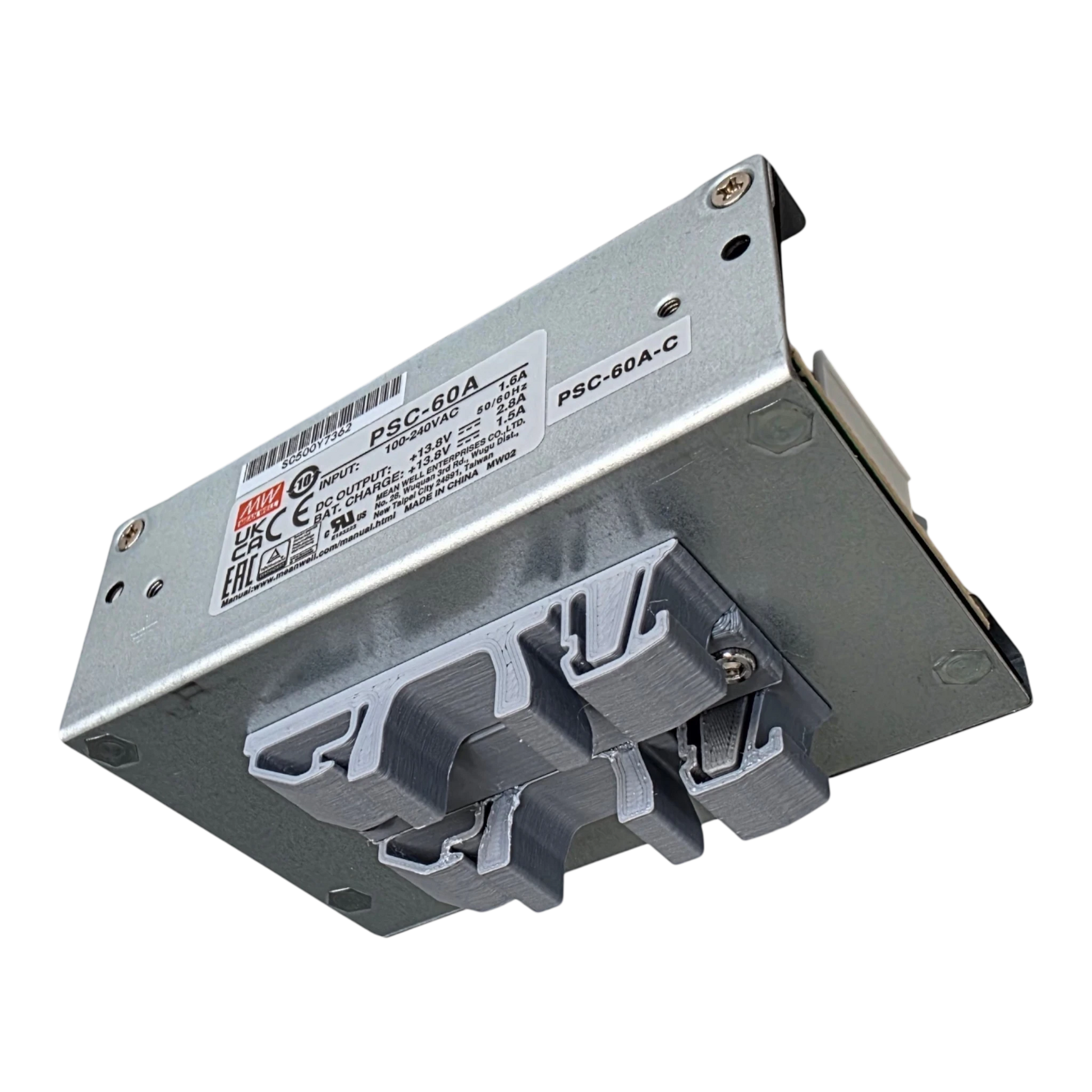Redispose Meanwell PSC-60A-C 12VDC 2.8A switched power supply unit with UPS function and 3D-printed DIN rail clip.
