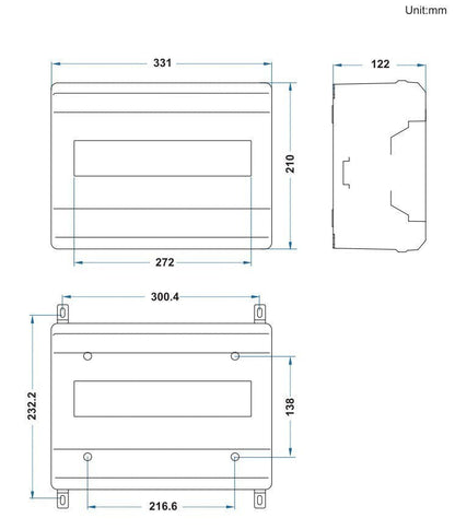 Redispose Stark Box Basic enclosure technical drawing with dimensions. IP65 rated, UV resistant, flame retardant.