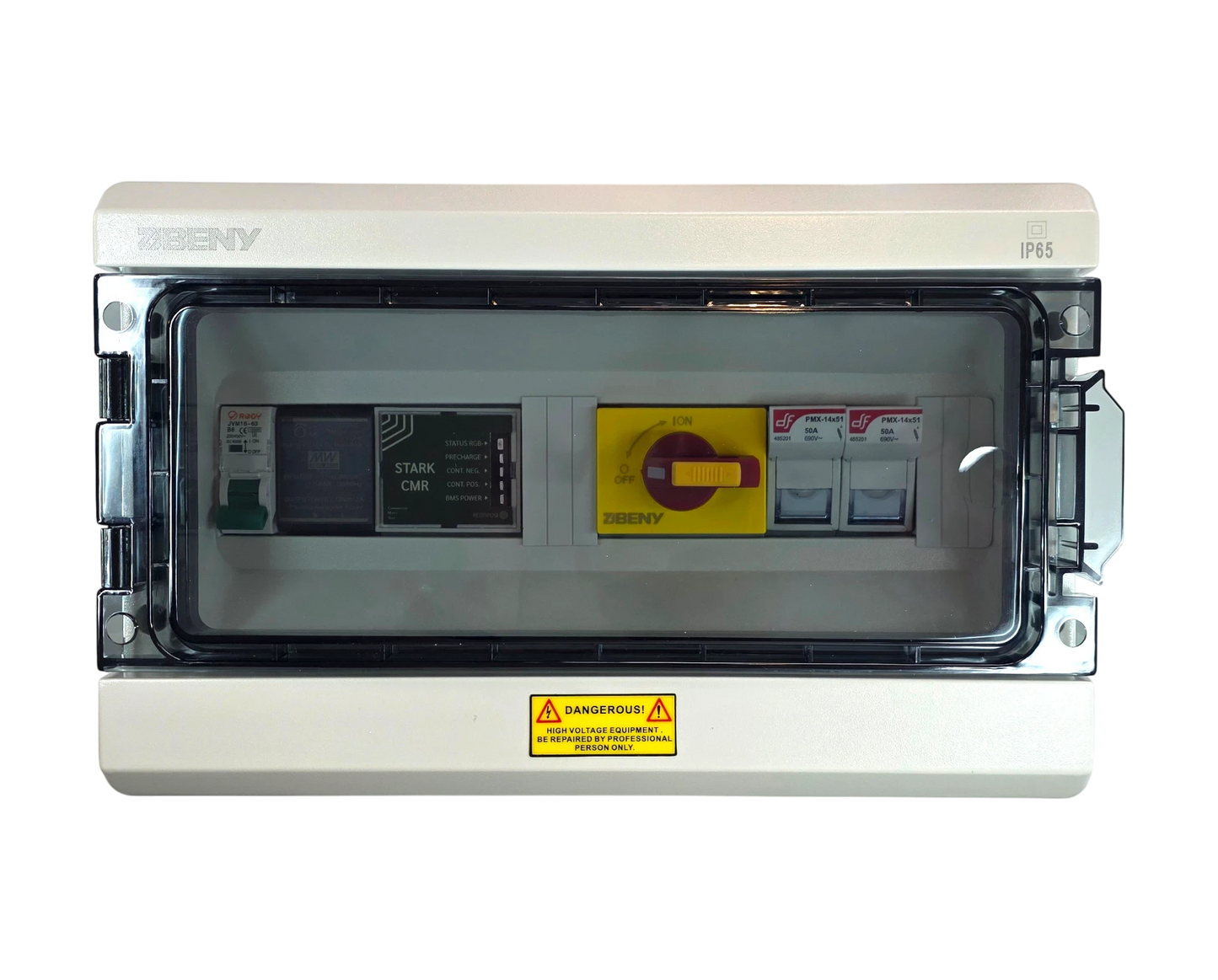 Redispose Stark Box Basic enclosure with Stark CMR unit, yellow rotary switch, and circuit breakers. IP65 rated.