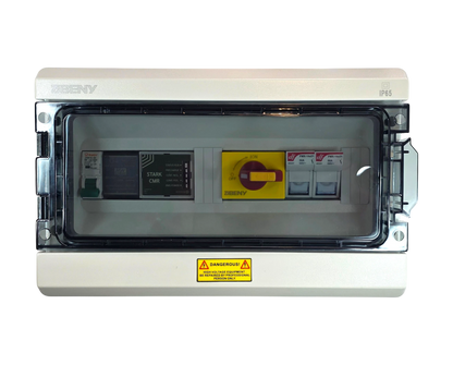Redispose Stark Box Basic enclosure with Stark CMR unit, yellow rotary switch, and circuit breakers. IP65 rated.