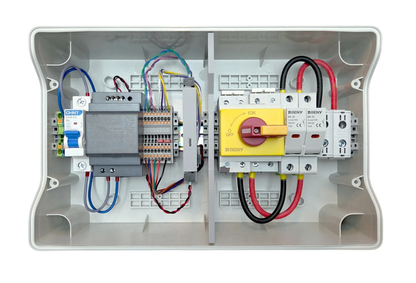 Redispose Stark Box Basic enclosure with Lilygo T-CAN485 ESP32, power supply, circuit breaker, and DC isolator switch.
