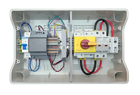 Redispose Stark Box Basic enclosure with Lilygo T-CAN485 ESP32, power supply, circuit breaker, and DC isolator switch.