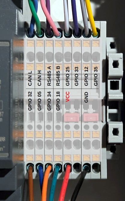 Redispose Stark Box Basic terminal block with Lilygo T-CAN485 ESP32 board, showing GPIO, CAN, and RS485 connections.