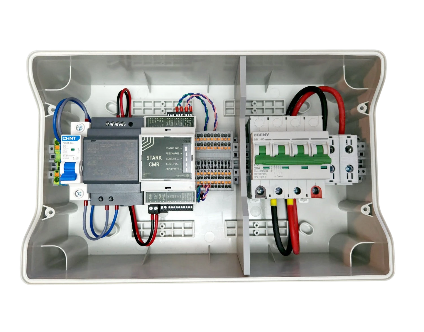 Redispose Stark Box Basic with Stark CMR and MCB, featuring a 4-pole DC circuit breaker, terminal blocks, and wiring in a white enclosure.