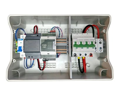 Redispose Stark Box Basic with Stark CMR and MCB, featuring a 4-pole DC circuit breaker, terminal blocks, and wiring in a white enclosure.