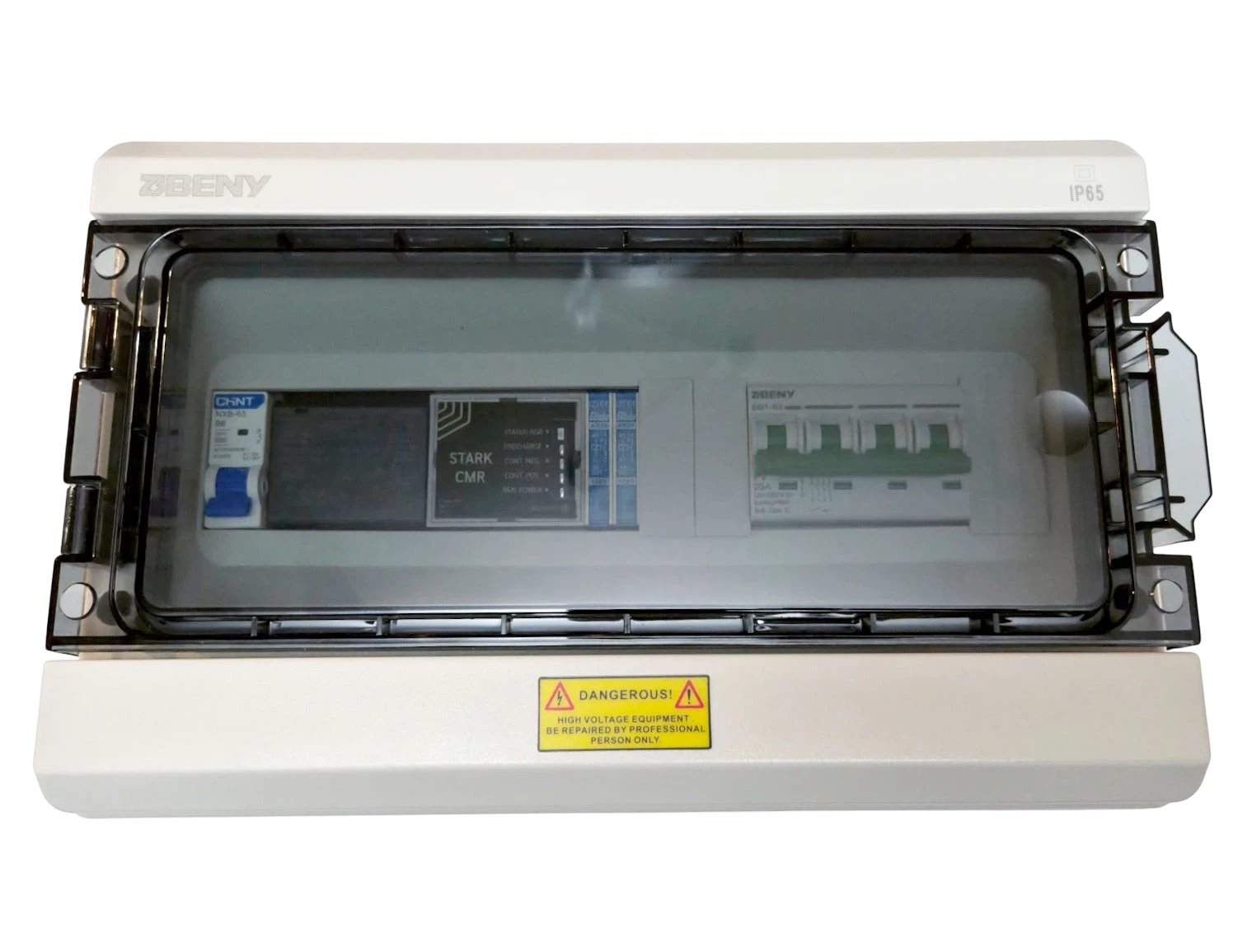 Redispose Stark Box Basic enclosure with Stark CMR, MCB, and relays. White IP65 rated enclosure with clear lid.