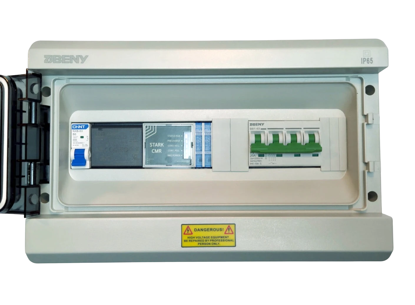 Redispose Stark Box Basic enclosure with Stark CMR, MCB, and relays. IP65 rated, UV resistant, flame retardant.