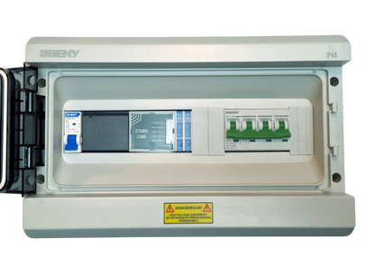 Redispose Stark Box Basic enclosure with Stark CMR, MCB, and relays. IP65 rated, UV resistant, flame retardant.