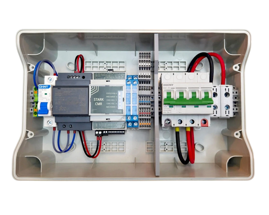Redispose Stark Box Basic kit with Stark CMR, MCB, and relays in a white IP65 enclosure.