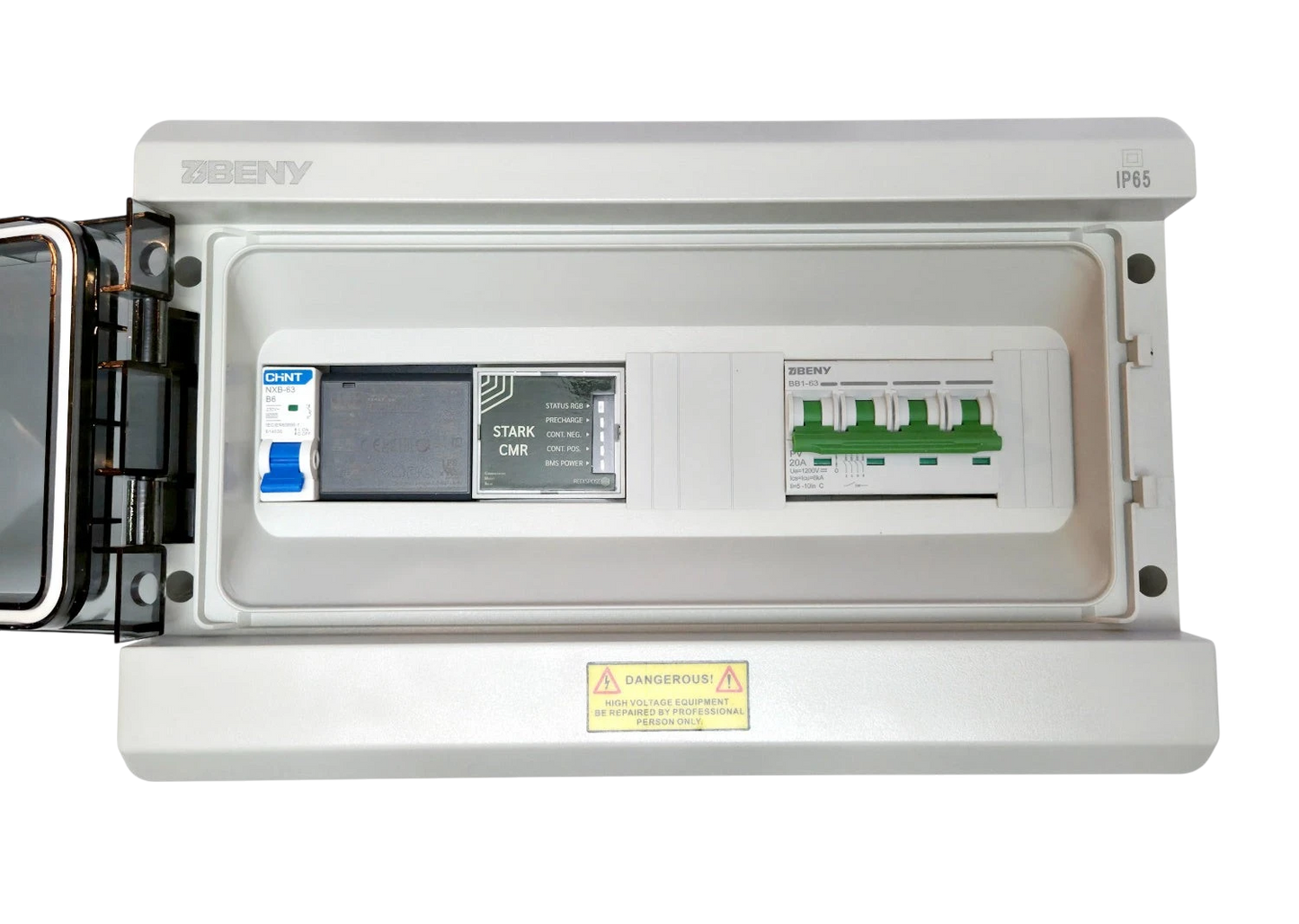 Redispose Stark Box Basic with Stark CMR control unit and 4-pole DC circuit breaker in a white IP65 enclosure.