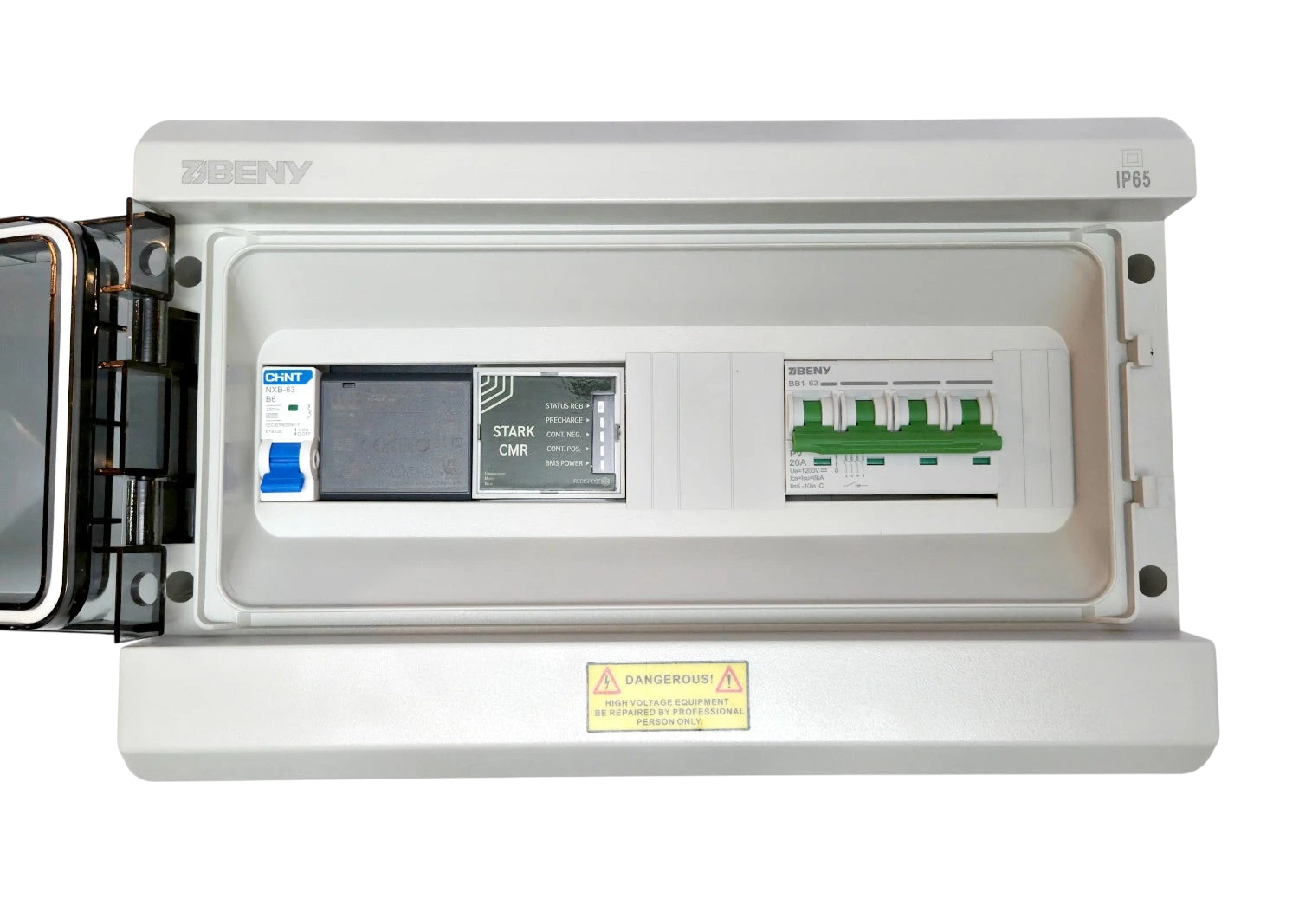 Redispose Stark Box Basic with Stark CMR control unit and 4-pole DC circuit breaker in a white IP65 enclosure.
