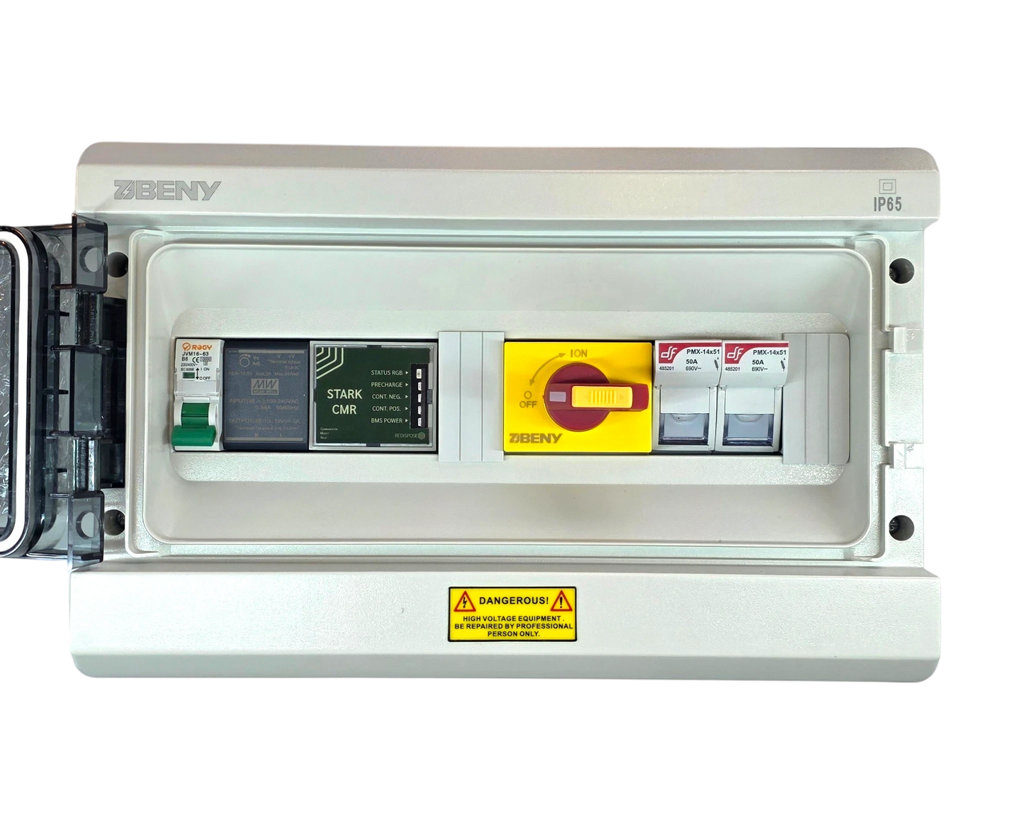 Redispose Stark Box Basic starter kit with Stark CMR unit, DC isolator switch, circuit breaker, and fuses in an IP65 enclosure.