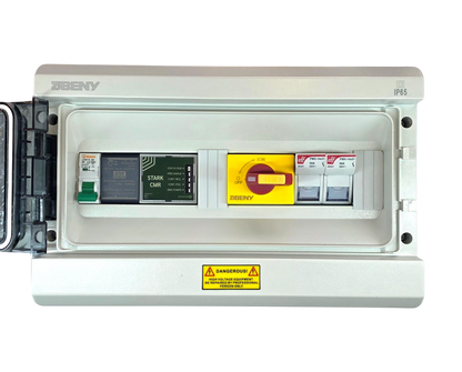 Redispose Stark Box Basic starter kit with Stark CMR unit, DC isolator switch, circuit breaker, and fuses in an IP65 enclosure.