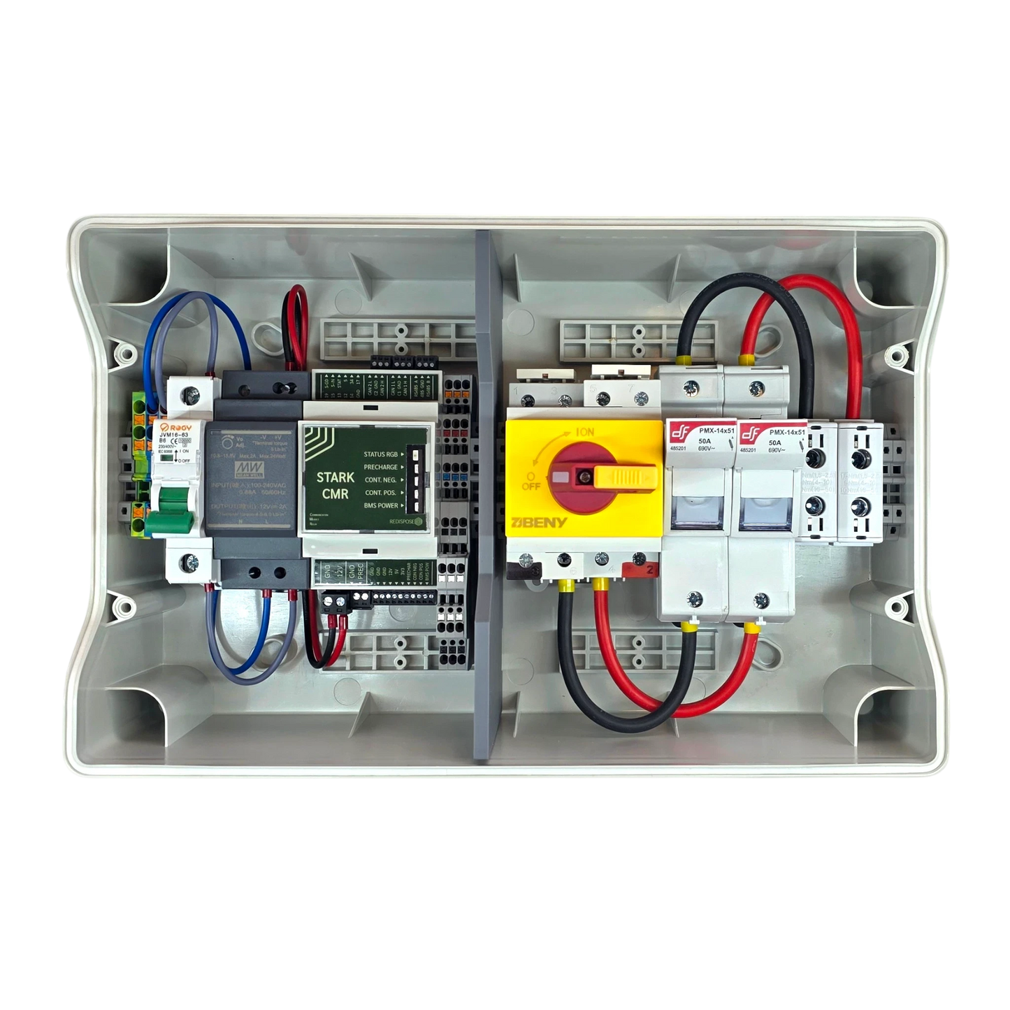 Redispose Stark Box Basic starter kit with Stark CMR unit, fuses, circuit breaker, and wiring in a white enclosure.