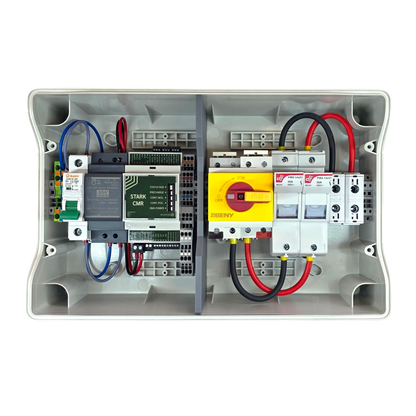 Redispose Stark Box Basic starter kit with Stark CMR unit, fuses, circuit breaker, and wiring in a white enclosure.