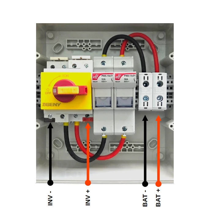 Redispose Stark Box Basic enclosure with internal wiring for Battery Emulator project, featuring a yellow rotary switch, fuses, and terminal blocks.