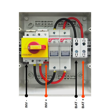 Redispose Stark Box Basic enclosure with internal wiring for Battery Emulator project, featuring a yellow rotary switch, fuses, and terminal blocks.