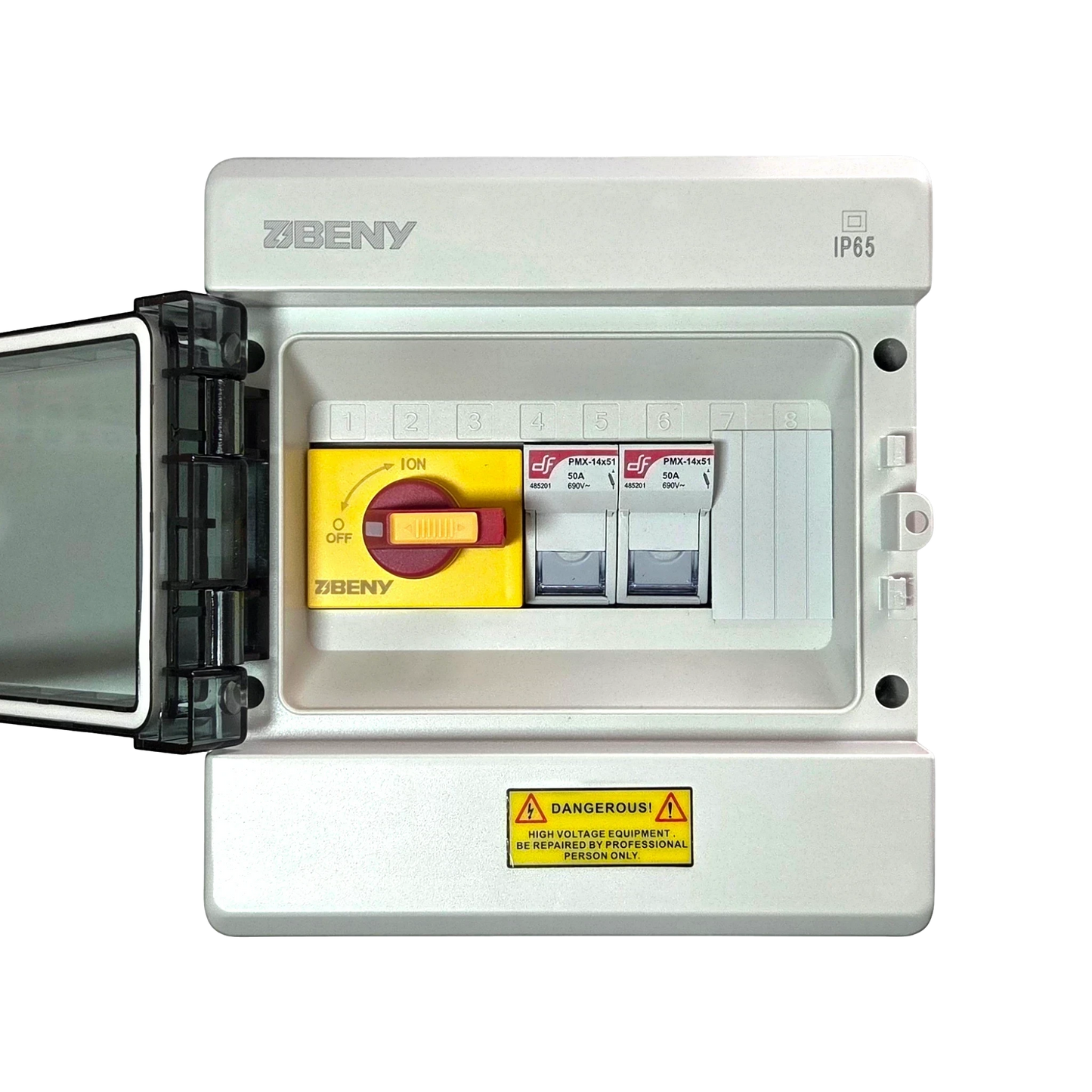 Redispose Stark Box Mini DIY kit with IP65 enclosure, DC isolator switch, and two DC 600V ceramic fuses.