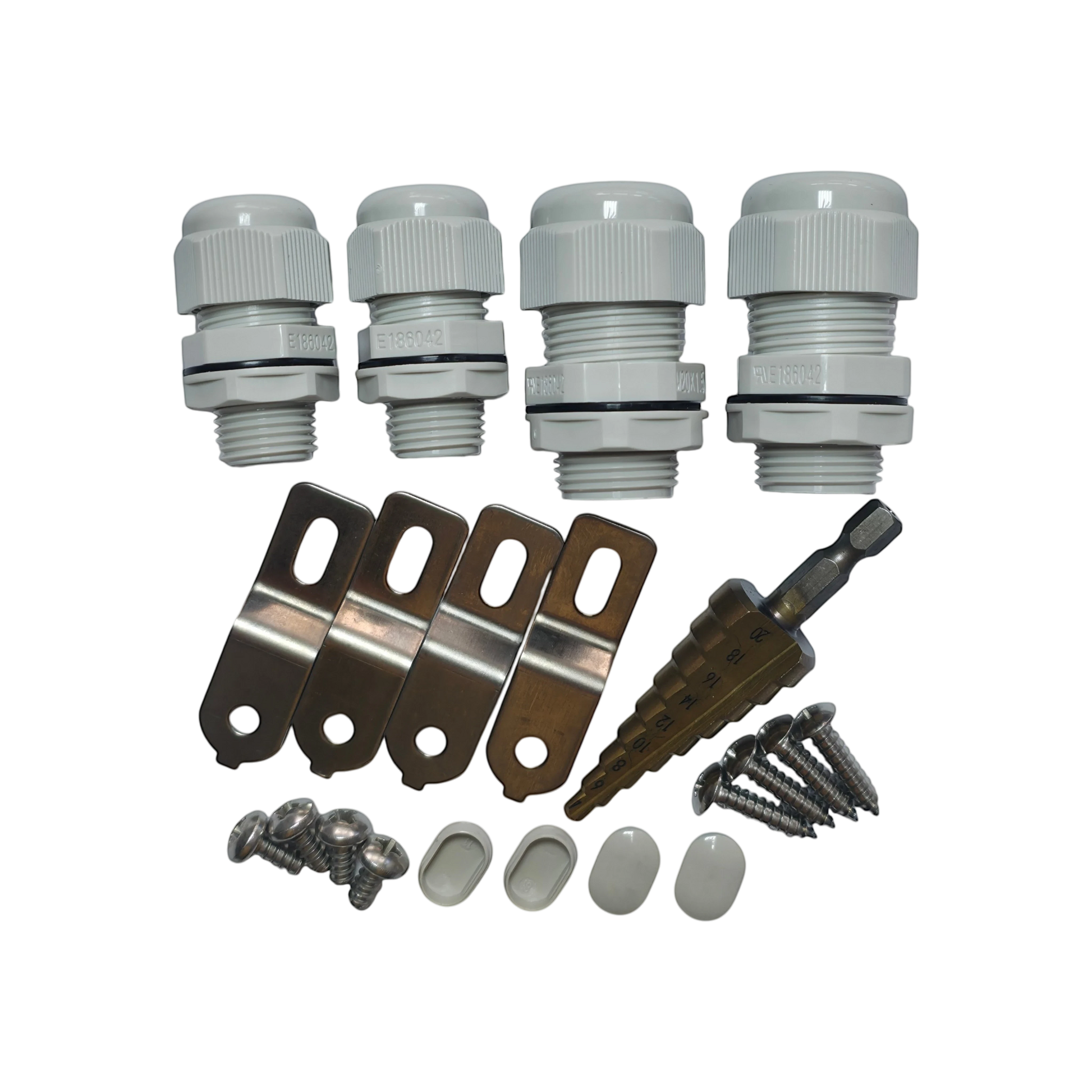 Redispose Stark Box Mini DIY kit includes cable glands, metal brackets, screws, and a step drill bit for electrical enclosures.