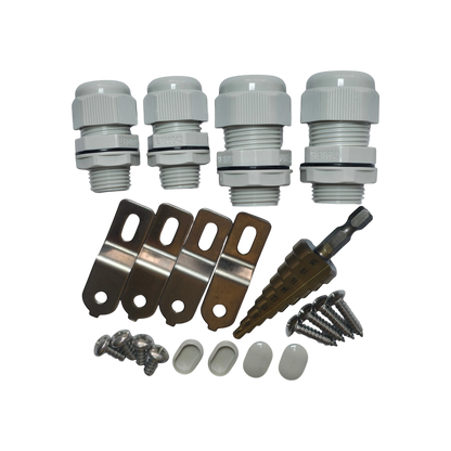 Redispose Stark Box Mini DIY kit includes cable glands, metal brackets, screws, and a step drill bit for electrical enclosures.